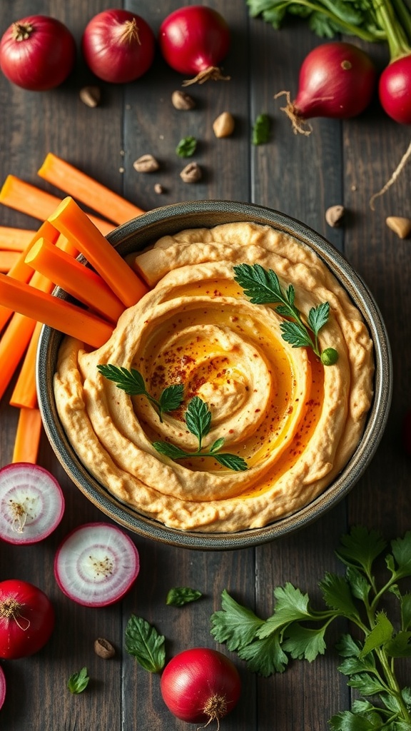 A bowl of radish hummus served with carrot sticks and garnished with herbs.