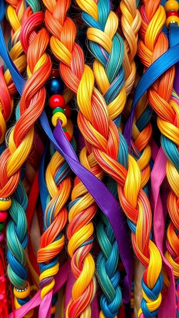 Colorful braided hair with ribbons and beads