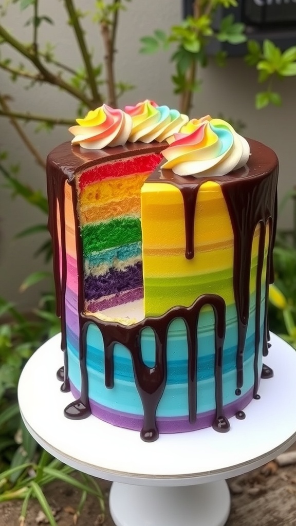A colorful rainbow drip cake with chocolate drizzle and swirled frosting on top, showcasing vibrant layers inside.
