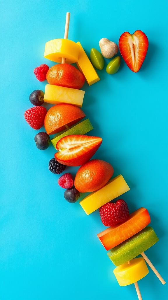 Colorful fruit skewers on a blue background