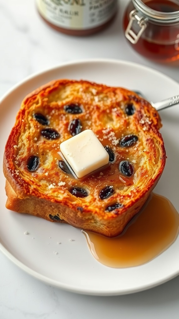 A delicious slice of Raisin Bread French Toast topped with butter and syrup.