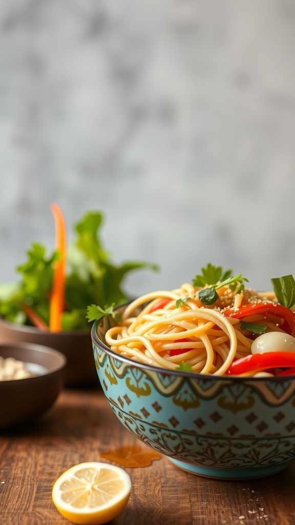 A colorful bowl of ramen salad with vegetables and sesame seeds.