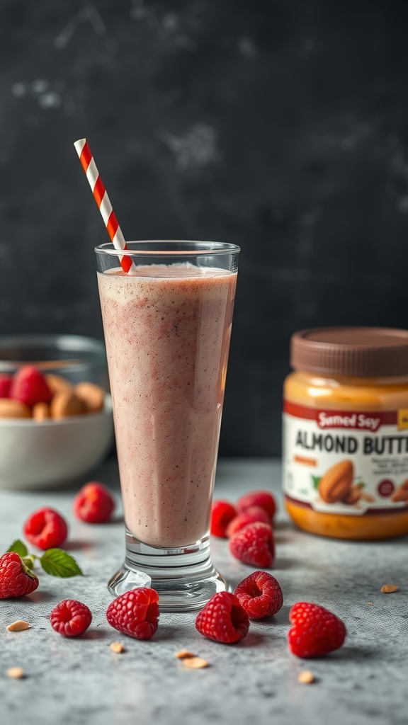 A refreshing raspberry almond butter smoothie in a glass with a straw, surrounded by raspberries and almond butter.
