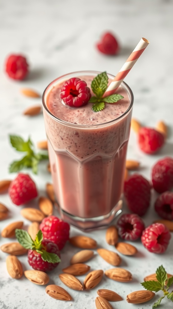 A refreshing raspberry almond smoothie topped with mint leaves and raspberries.