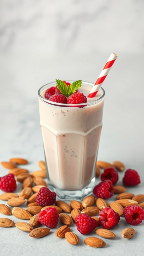 A glass of raspberry almond milk smoothie topped with fresh raspberries and mint, surrounded by almonds.