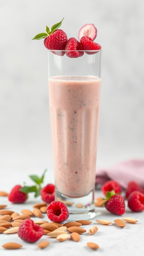 A refreshing raspberry almond protein smoothie topped with fresh raspberries and mint.