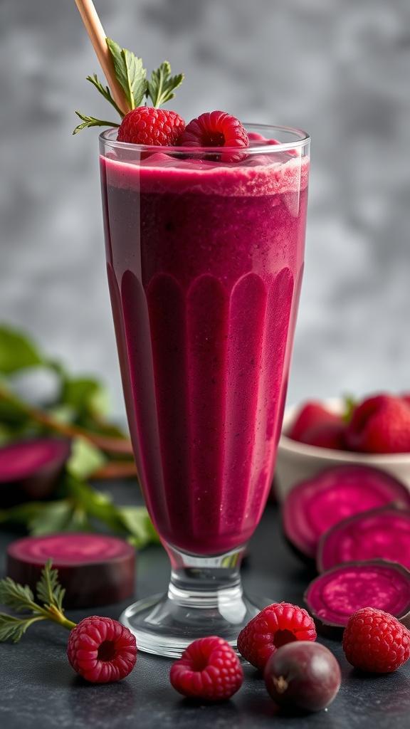 A vibrant raspberry and beet smoothie in a glass, garnished with fresh raspberries.
