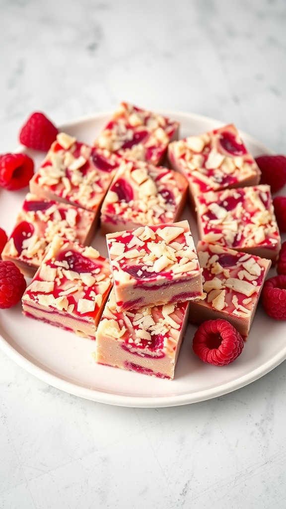 Plate of raspberry coconut fudge squares topped with shredded coconut and almonds.
