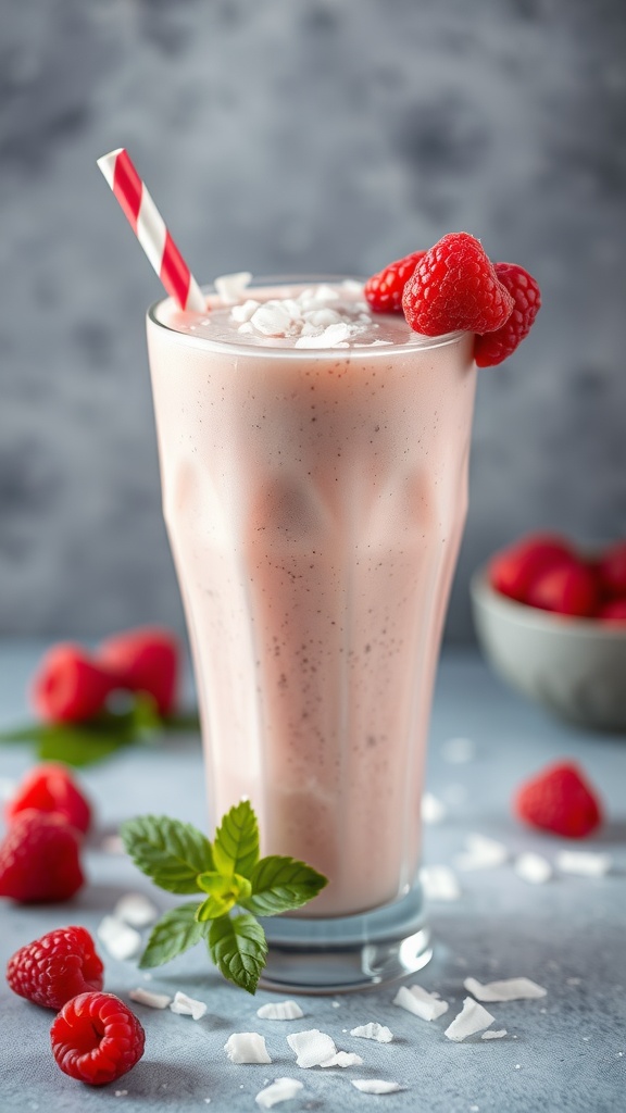 A refreshing raspberry coconut smoothie in a tall glass, topped with raspberries and coconut flakes.