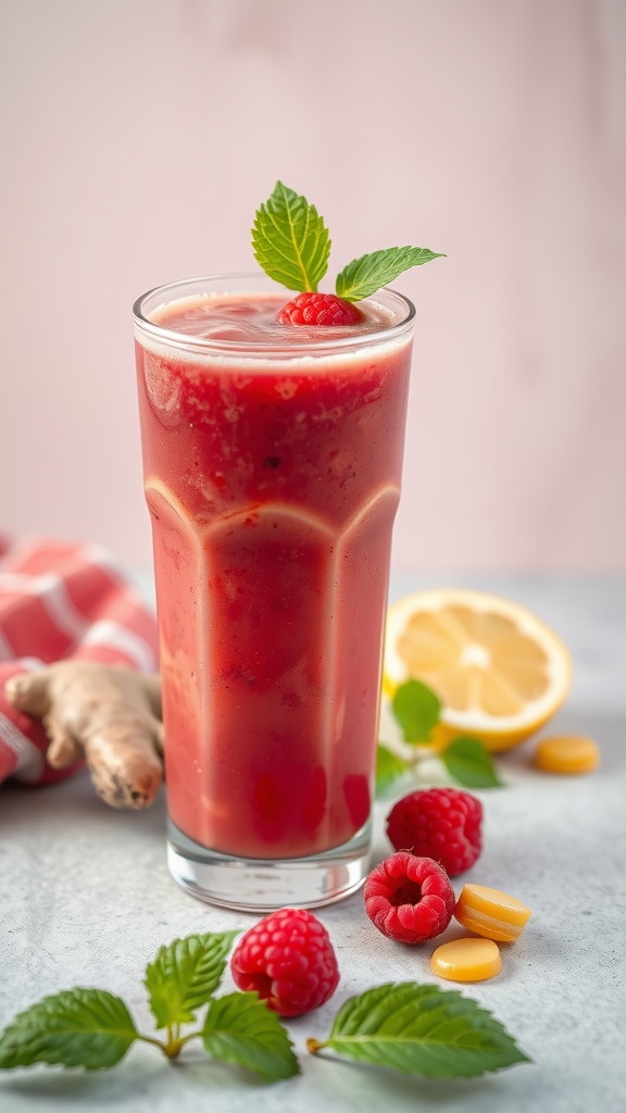 A refreshing raspberry lemonade smoothie with ginger, garnished with mint and raspberries.