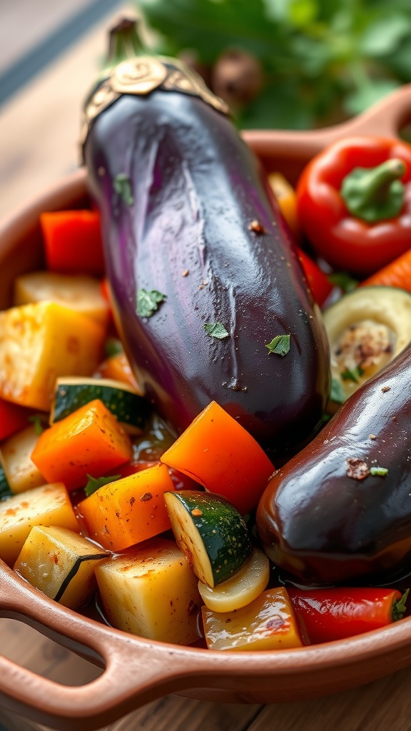 A colorful dish of ratatouille featuring eggplant, zucchini, bell peppers, and tomatoes.