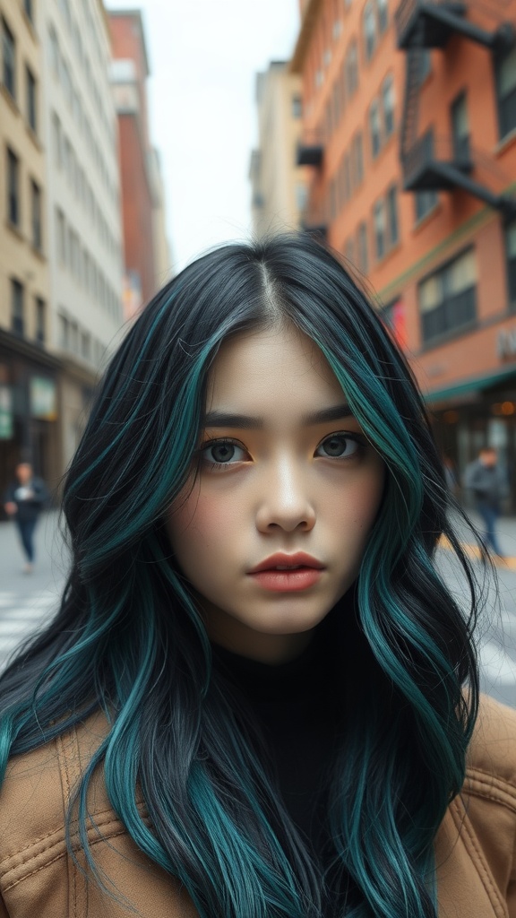 A young woman with raven black hair and teal highlights standing in an urban setting.