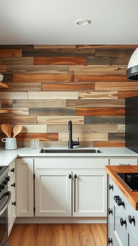 Kitchen with reclaimed wood backsplash showcasing various tones and textures.
