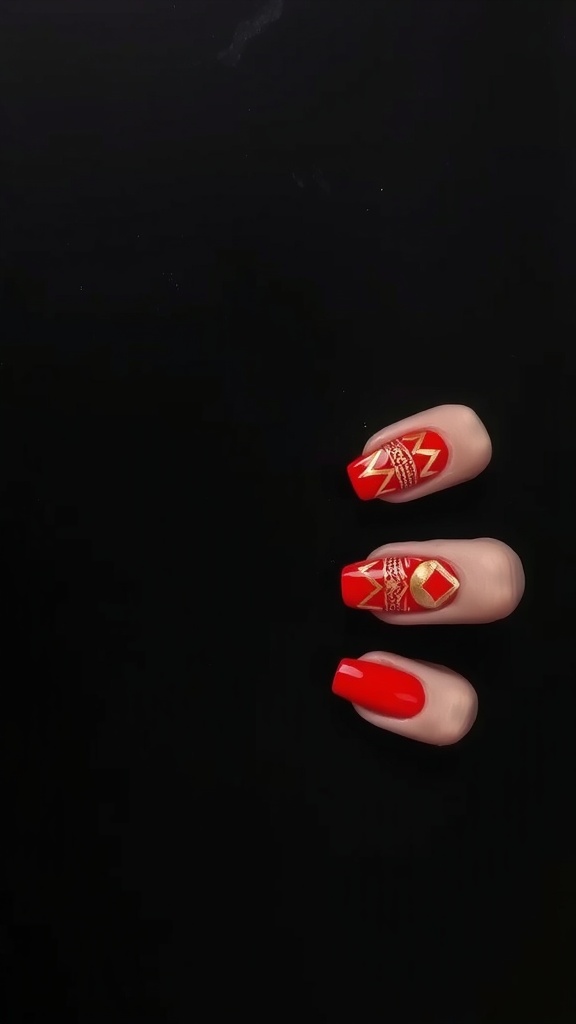 A close-up of red nails featuring gold geometric patterns.