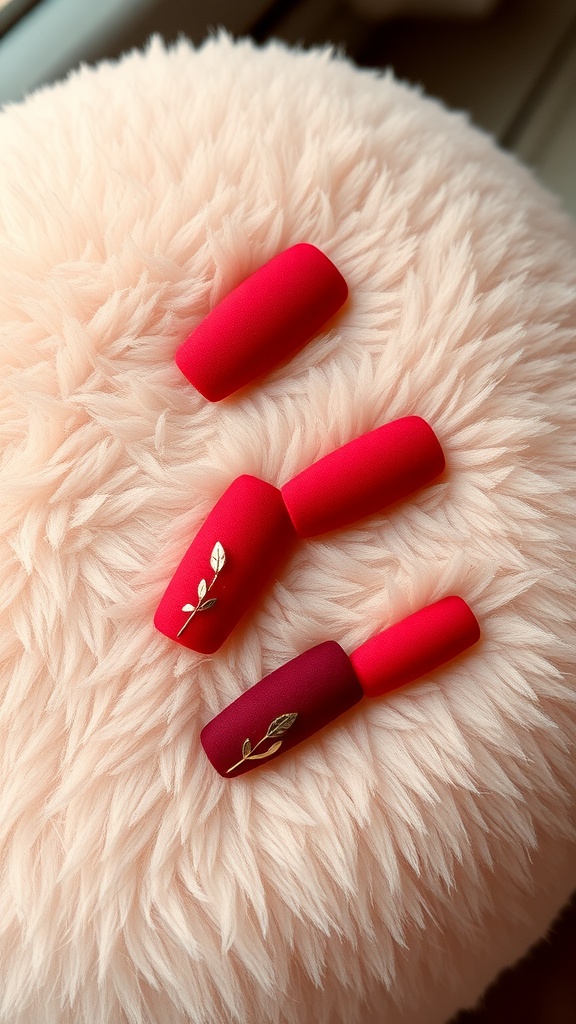 Three red matte nails with gold leaf designs on a fluffy pink background