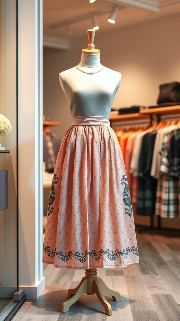A mannequin displaying a stylish skirt and top combination in a boutique.