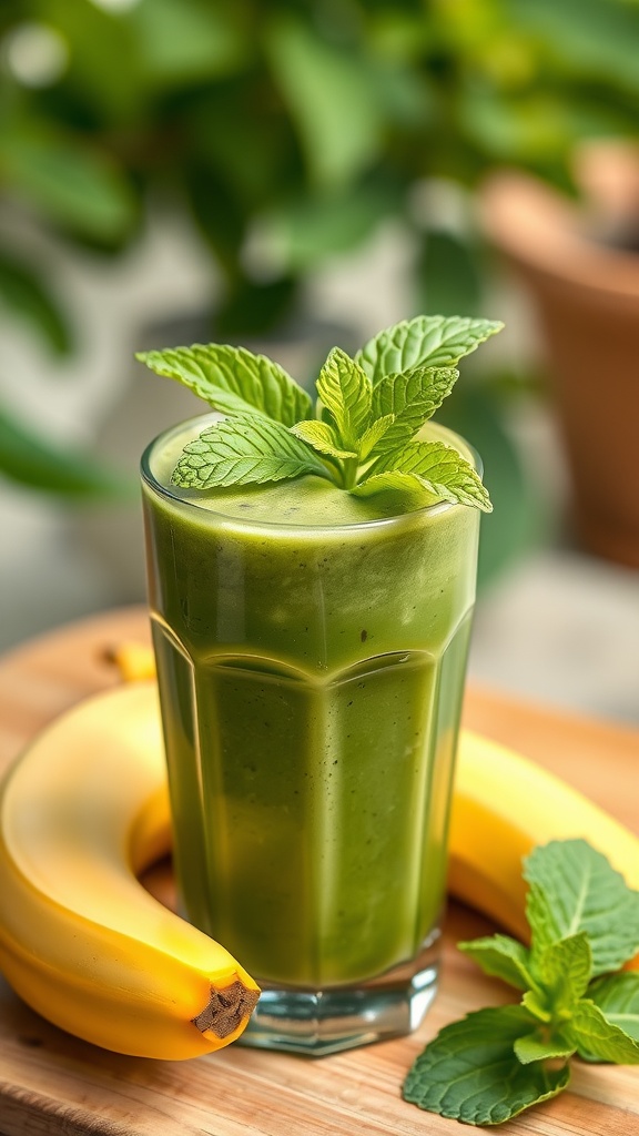 A green spinach banana smoothie in a glass with fresh mint leaves on top, alongside ripe bananas.