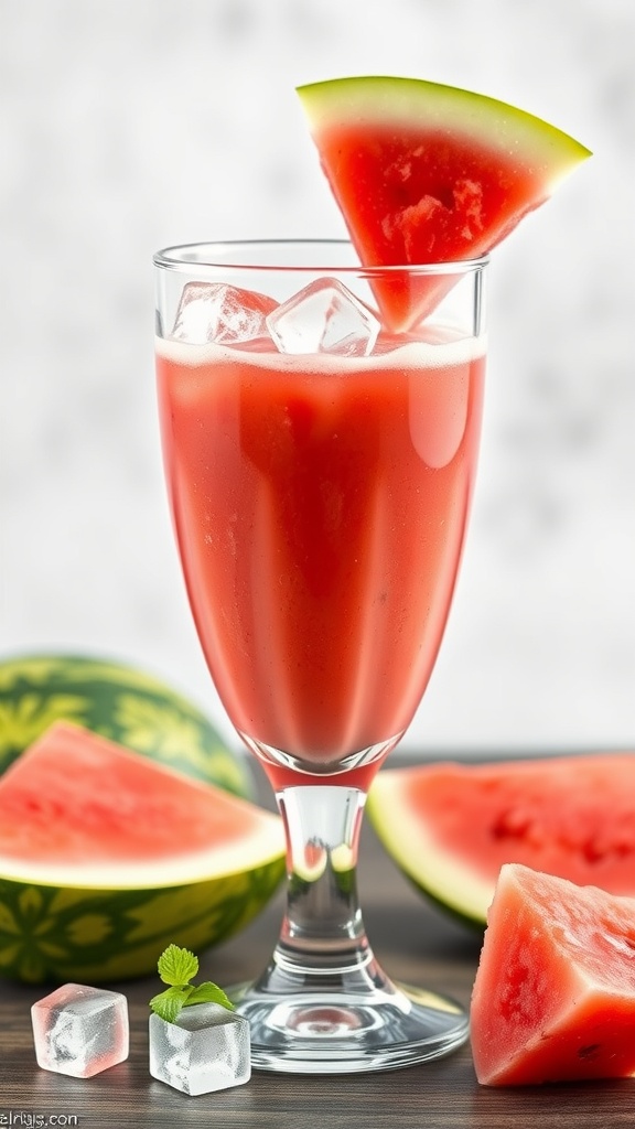 A glass of refreshing watermelon smoothie garnished with a slice of watermelon and mint leaves.