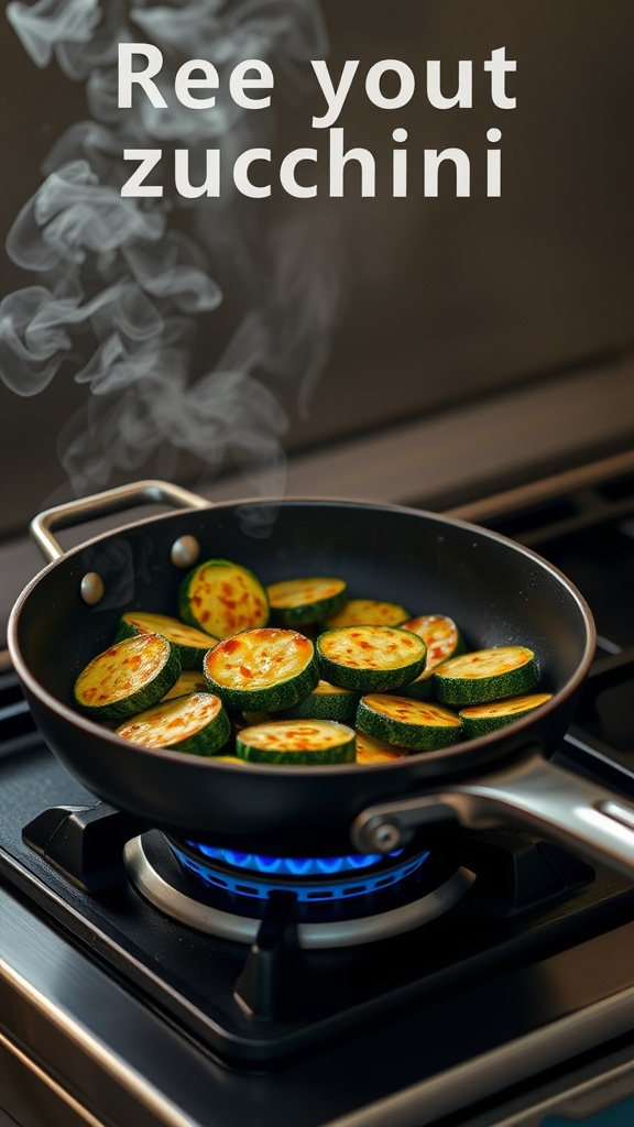 Crispy fried zucchini slices cooking in a skillet.