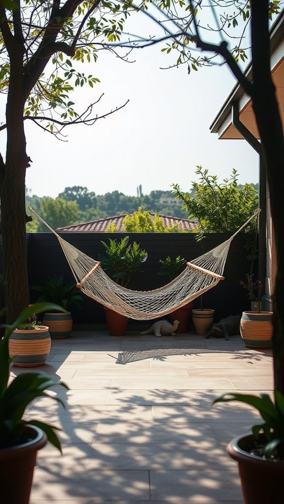 A hammock set up between trees in a cozy outdoor patio, surrounded by potted plants.