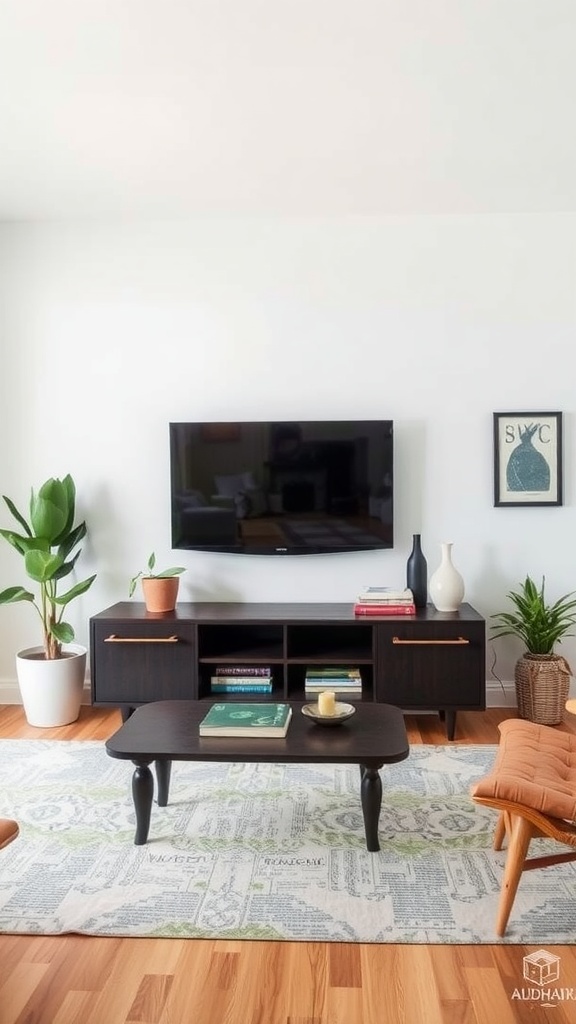 A stylish living room featuring a repurposed TV stand and comfortable seating.