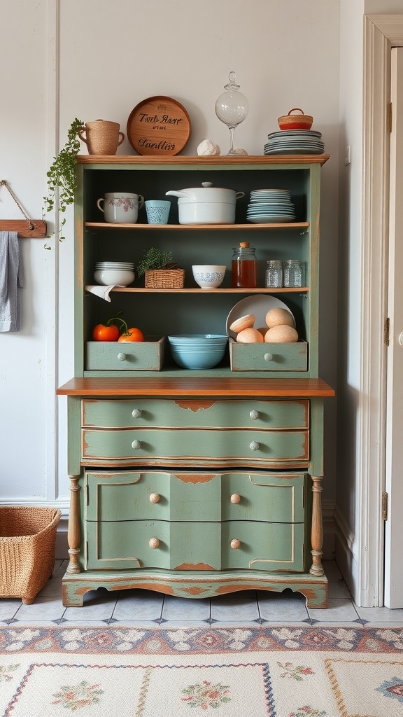 A vintage green hutch filled with kitchen items, showcasing unique storage solutions.