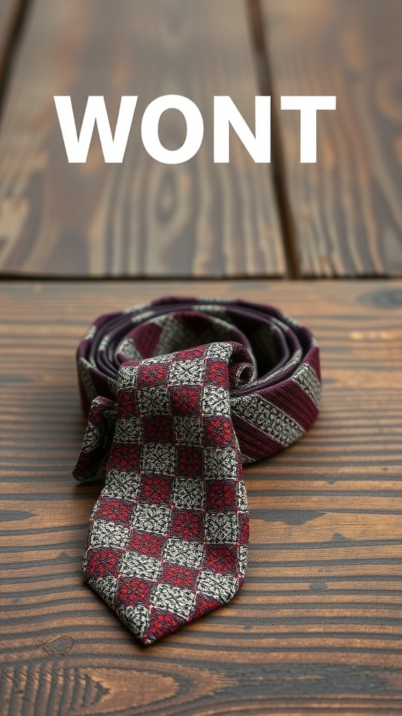 A rolled-up tie with a checkered pattern laid on a wooden surface.