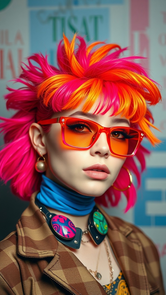 A person with vibrant crimped hair in shades of pink and orange, wearing stylish sunglasses and colorful accessories.