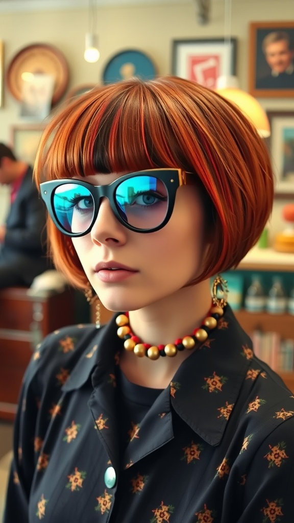A woman with a retro bowl cut hairstyle, wearing large sunglasses and a stylish outfit.