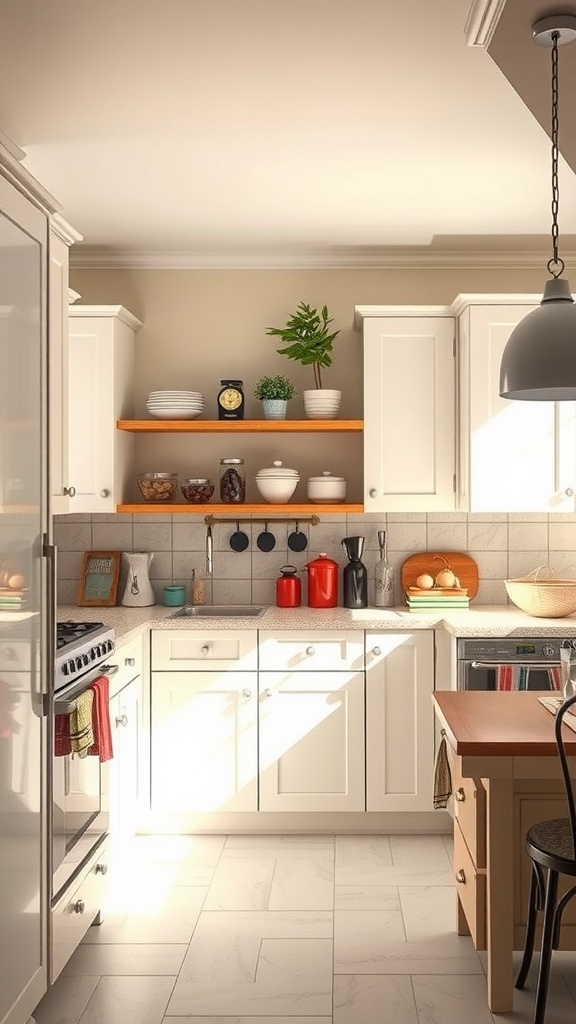 A bright retro modern white kitchen featuring open shelving, colorful accessories, and a cozy layout.