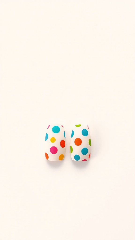 Colorful retro polka dot square nails on a light background