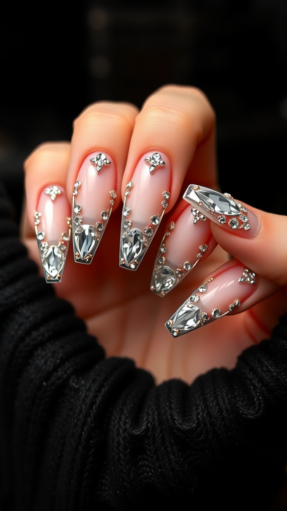 Close-up of acrylic coffin nails with rhinestone embellishments.
