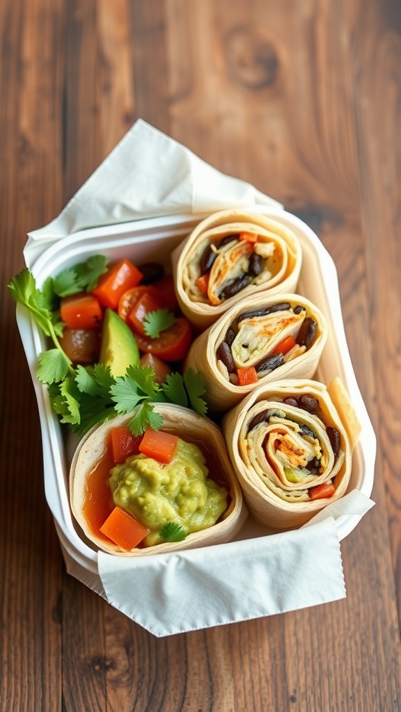 A bento box containing rice and bean burrito wraps, salsa, and fresh vegetables.