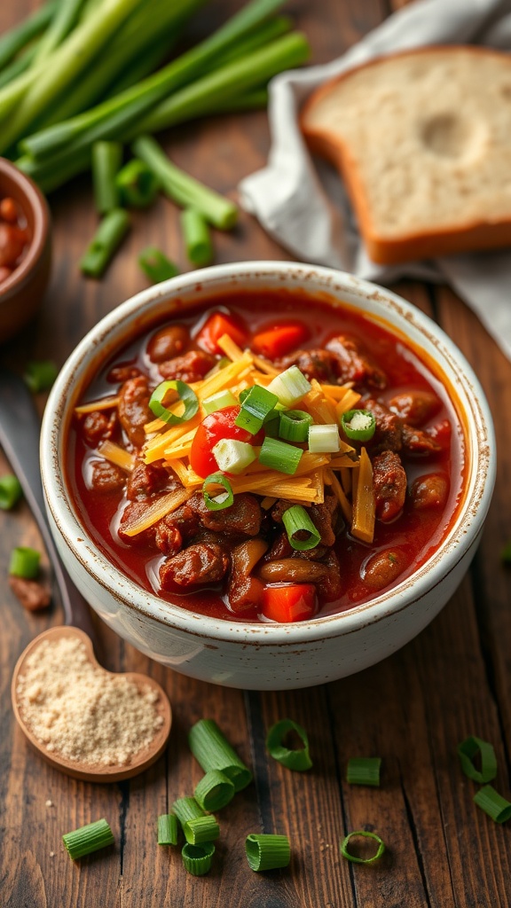 A bowl of rich beef chili topped with cheese and green onions, surrounded by chopped vegetables and bread.