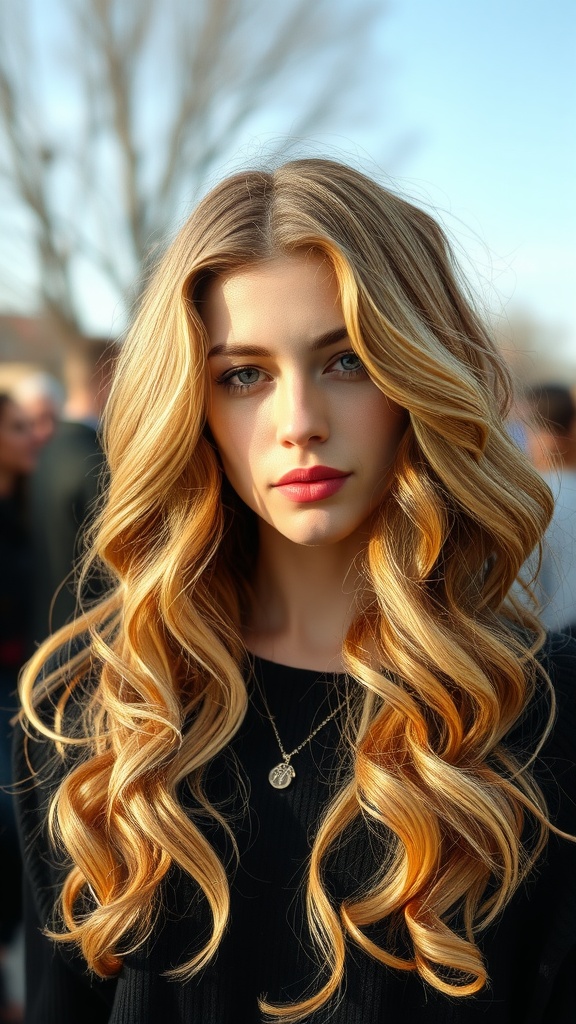 A woman with rich butter blonde hair cascading in loose curls against a bright background.