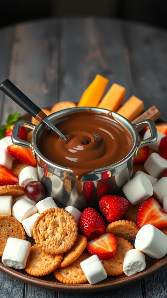 A plate featuring a pot of rich chocolate fondue surrounded by strawberries, cookies, and marshmallows.