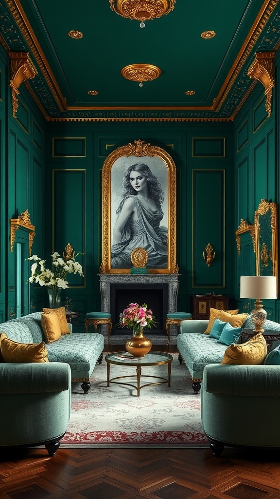 Luxurious living room featuring rich emerald green walls, elegant furniture, and gold accents.