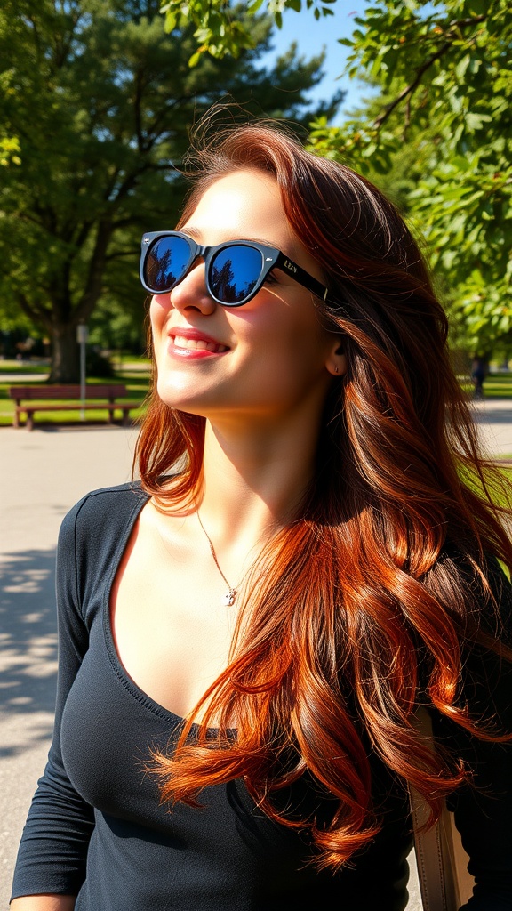 A woman with rich mahogany hair color, smiling in a sunny park.