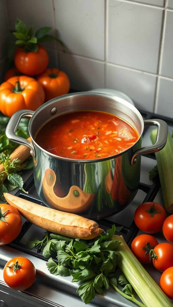 A pot of rich tomato broth simmering on the stove surrounded by fresh vegetables.