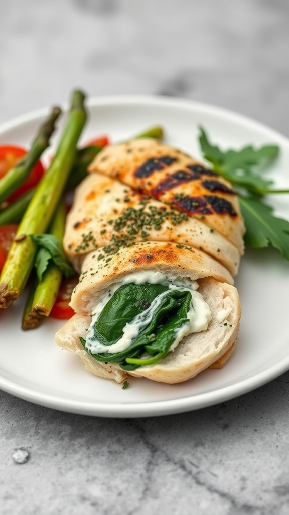 Ricotta and spinach stuffed chicken on a plate with asparagus and tomatoes