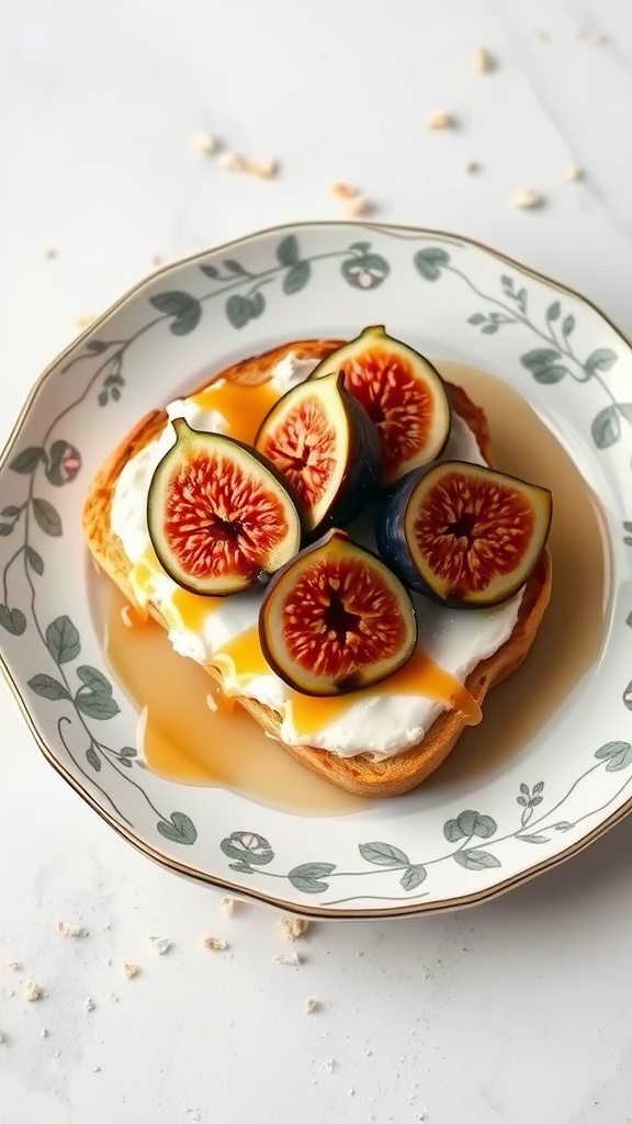 Delicious ricotta toast topped with figs and honey on a decorative plate.