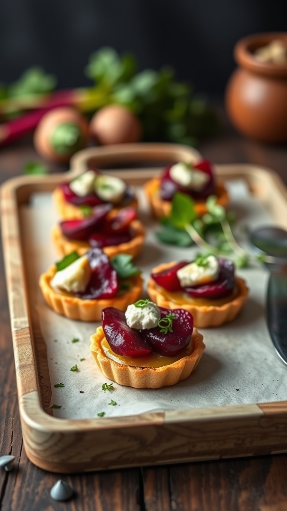 Delicious roasted beet and goat cheese tartlets arranged on a wooden tray.