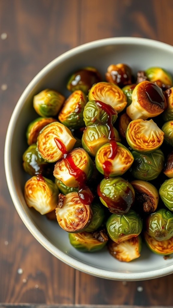 A bowl of roasted Brussels sprouts drizzled with balsamic glaze.