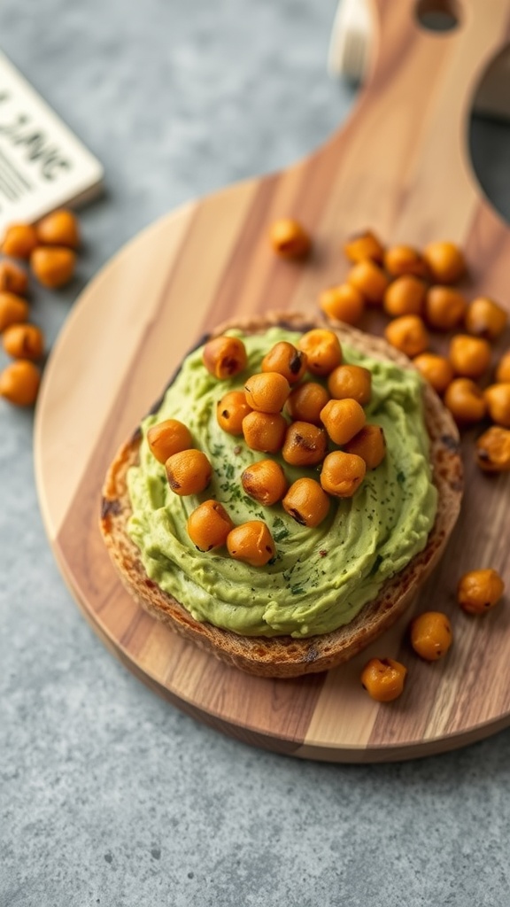 Delicious roasted chickpea and avocado toast on a wooden board.