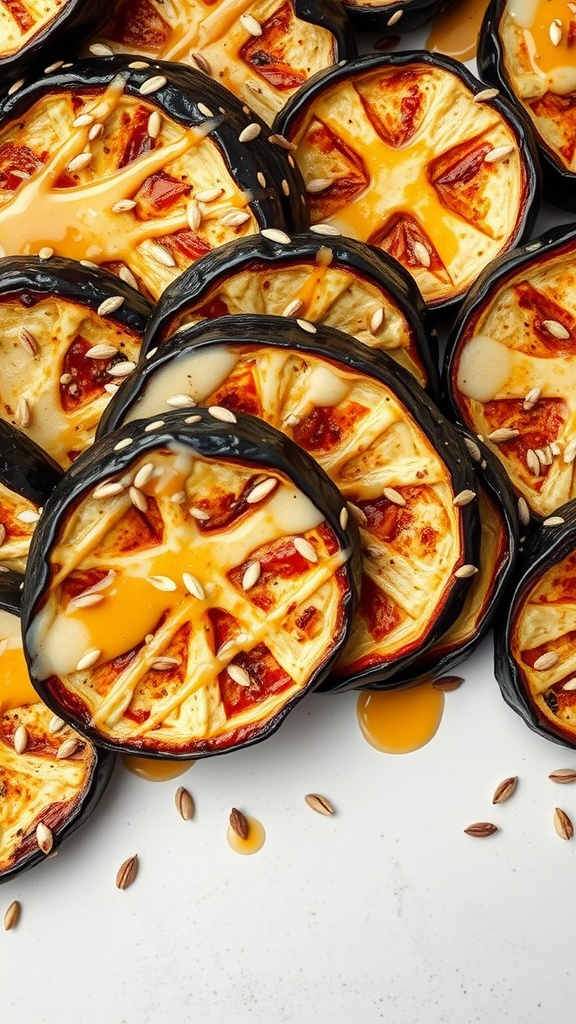 A beautifully roasted eggplant dish drizzled with tahini sauce and garnished with sesame seeds.