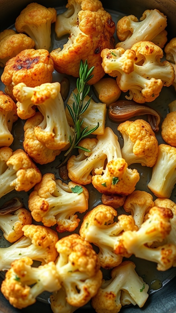 Plate of roasted cauliflower tossed with garlic and herbs.