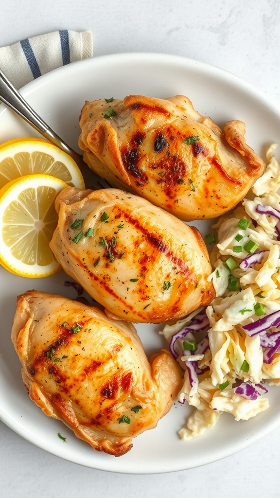 Roasted Garlic Lemon Chicken Thighs served with lemon slices and a side of coleslaw