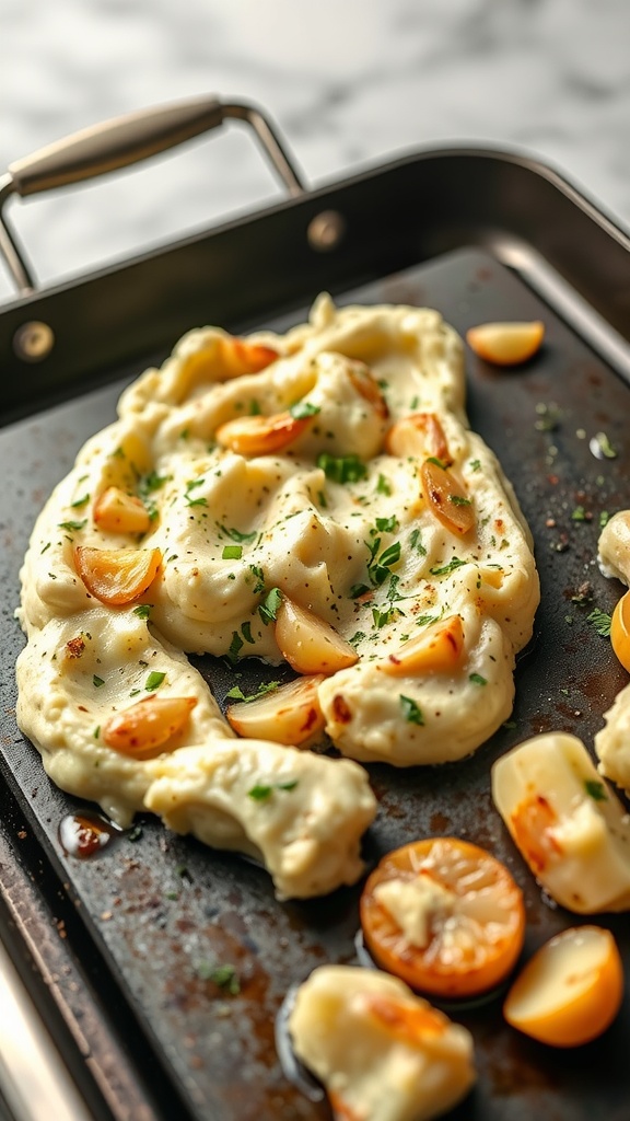 A serving of creamy roasted garlic mashed potatoes topped with herbs.