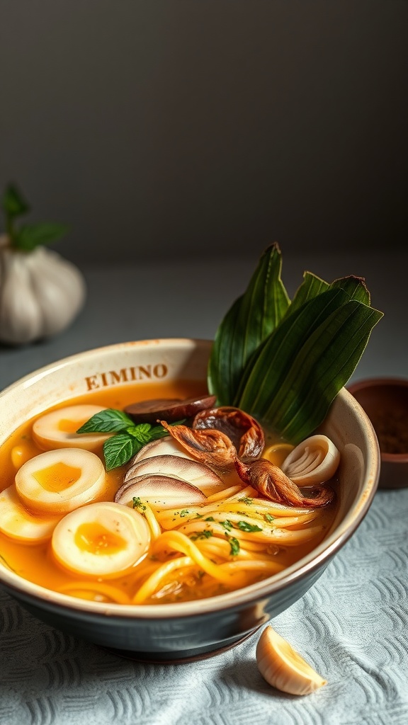 A delicious bowl of roasted garlic ramen with toppings