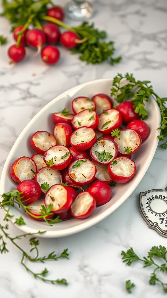 A dish of roasted radishes garnished with herbs.